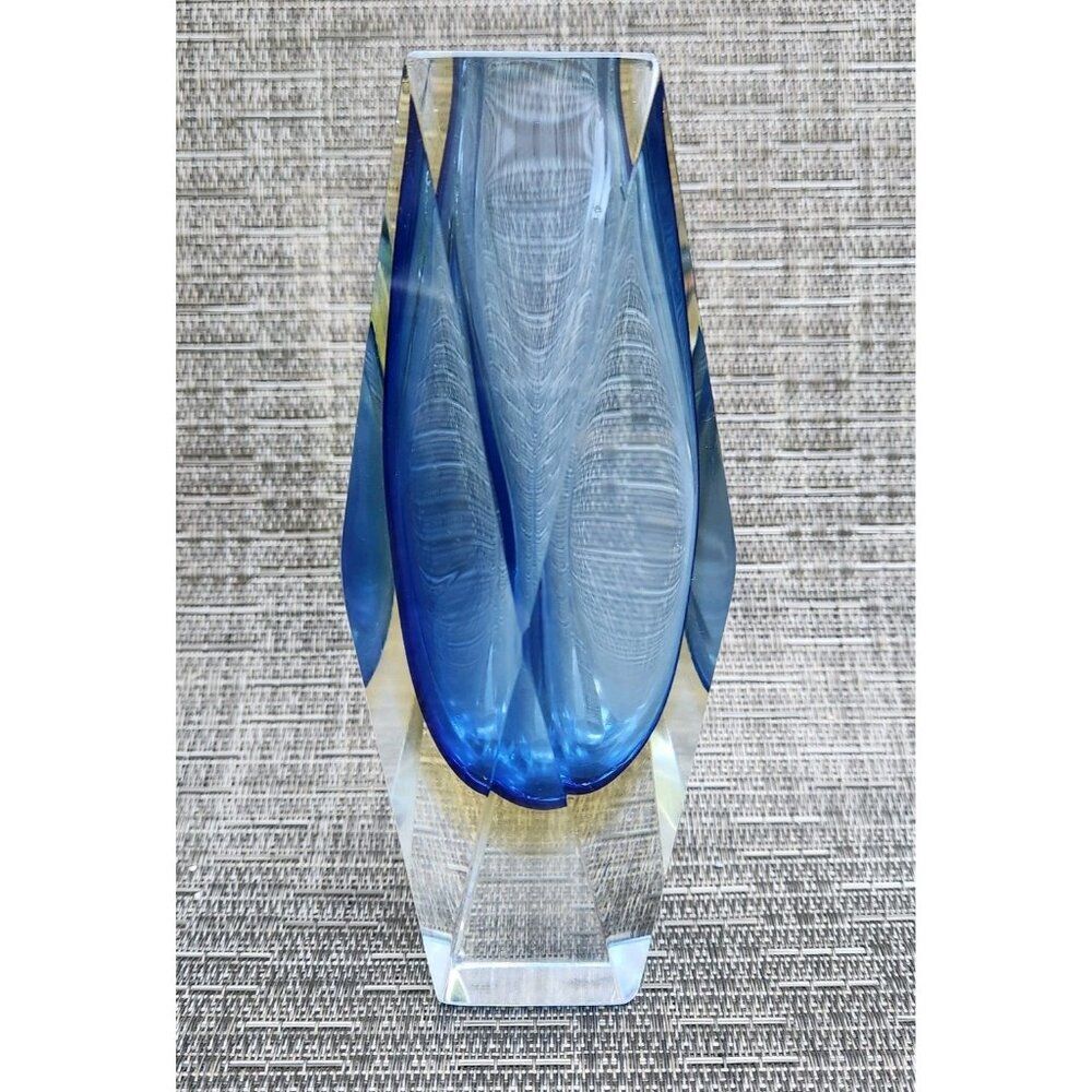 Murano Mandruzzato Sommerso Faceted Glass Blue Gold Layer Vase Italy Vintage 6.5 - Picture 7 of 10